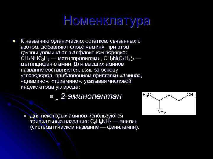 Номенклатура l К названию органических остатков, связанных с азотом, добавляют слово «амин» , при