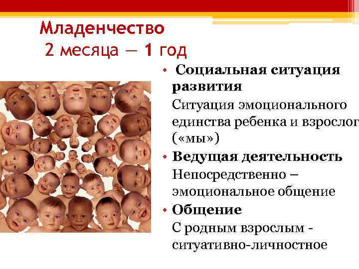 Младенчество 2 месяца — 1 год • Социальная ситуация развития Ситуация эмоционального единства ребенка