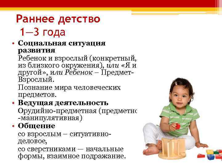 Раннее детство 1— 3 года • Социальная ситуация развития Ребенок и взрослый (конкретный, из