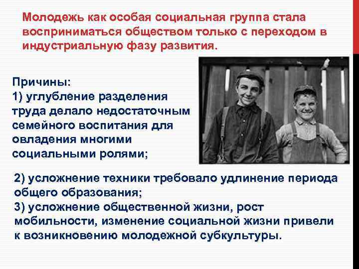 Молодежь как особая социальная группа стала восприниматься обществом только с переходом в индустриальную фазу