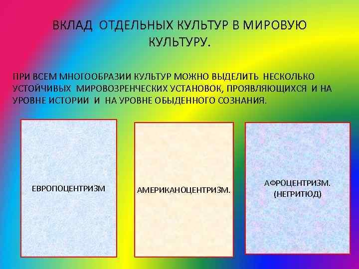 ВКЛАД ОТДЕЛЬНЫХ КУЛЬТУР В МИРОВУЮ КУЛЬТУРУ. ПРИ ВСЕМ МНОГООБРАЗИИ КУЛЬТУР МОЖНО ВЫДЕЛИТЬ НЕСКОЛЬКО УСТОЙЧИВЫХ