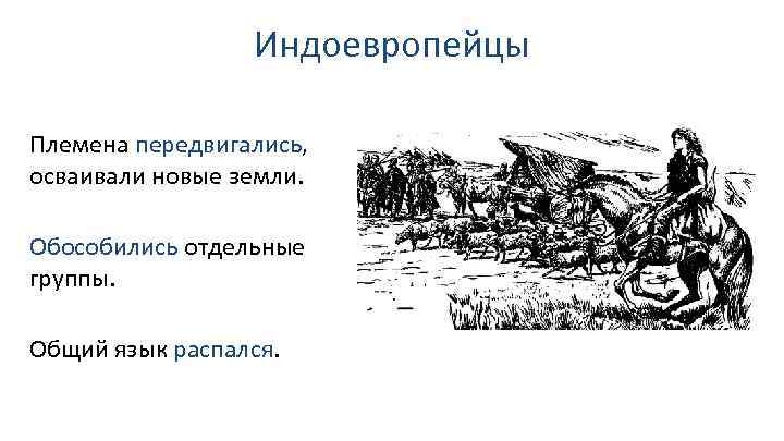 Индоевропейцы Племена передвигались, осваивали новые земли. Обособились отдельные группы. Общий язык распался. 