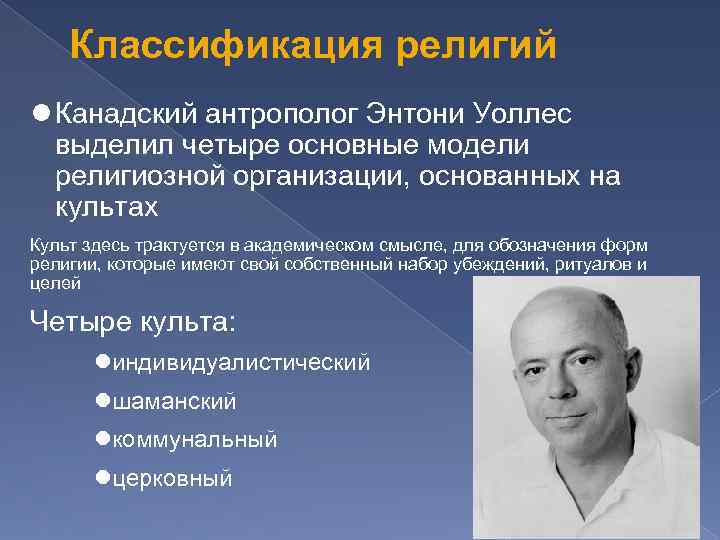 Классификация религий Канадский антрополог Энтони Уоллес выделил четыре основные модели религиозной организации, основанных на
