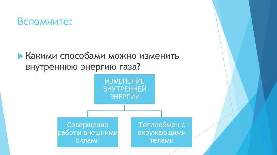 Вспомните: Какими способами можно изменить внутреннюю энергию газа? ИЗМЕНЕНИЕ ВНУТРЕННЕЙ ЭНЕРГИИ Совершение работы внешними