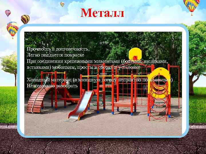 Металл «+» Прочность и долговечность Легко поддается покраске При соединении крепежными элементами (болтами, насадками,