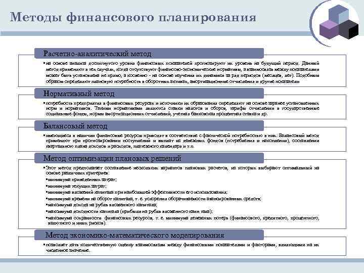 Методы финансового планирования Расчетно аналитический метод • на основе анализа достигнутого уровня финансовых показателей