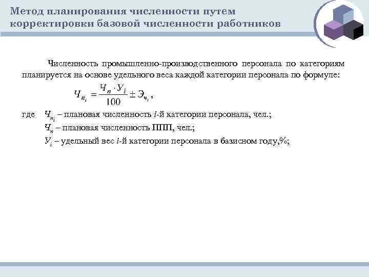 Метод планирования численности путем корректировки базовой численности работников Численность промышленно производственного персонала по категориям