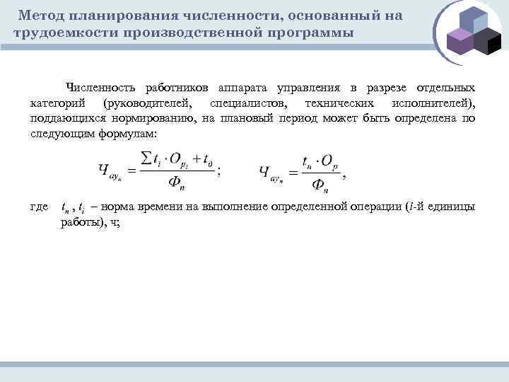 Метод планирования численности, основанный на трудоемкости производственной программы Численность работников аппарата управления в разрезе