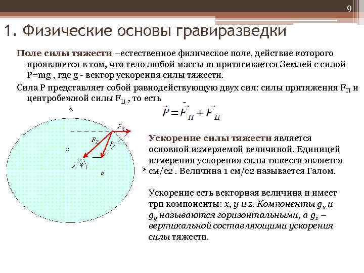 9 1. Физические основы гравиразведки Поле силы тяжести –естественное физическое поле, действие которого проявляется