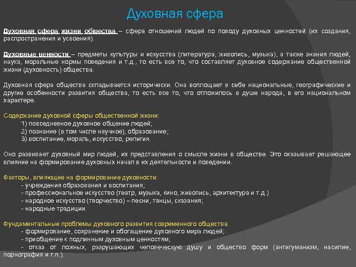 Духовная сфера жизни общества – сфера отношений людей по поводу духовных ценностей (их создания,