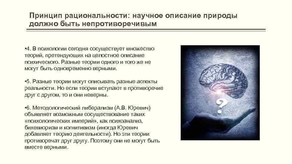 Принцип рациональности: научное описание природы должно быть непротиворечивым • 4. В психологии сегодня сосуществует