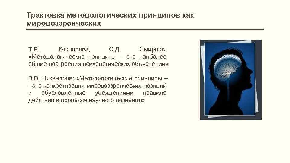 Трактовка методологических принципов как мировоззренческих Т. В. Корнилова, С. Д. Смирнов: «Методологические принципы –