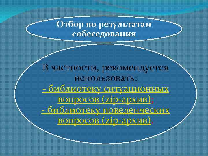 Отбор по результатам собеседования В частности, рекомендуется использовать: - библиотеку ситуационных вопросов (zip-архив); -