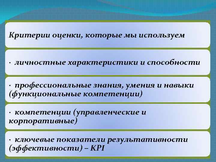 Критерии оценки, которые мы используем · личностные характеристики и способности · профессиональные знания, умения