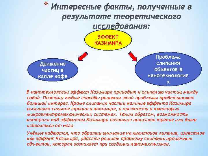 * ЭФФЕКТ КАЗИМИРА Движение частиц в капле кофе Проблема слипания объектов в нанотехнология х