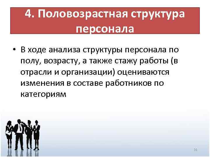 4. Половозрастная структура персонала • В ходе анализа структуры персонала по полу, возрасту, а