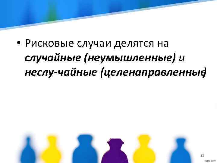  • Рисковые случаи делятся на случайные (неумышленные) и неслу чайные (целенаправленные ) 12