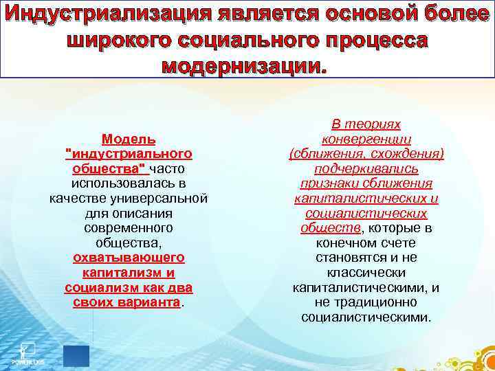 Индустриализация является основой более широкого социального процесса модернизации. Модель "индустриального общества" часто использовалась в