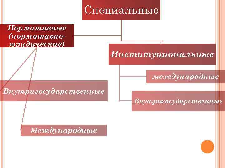 Специальные Нормативные (нормативноюридические) Институциональные международные Внутригосударственные Международные 