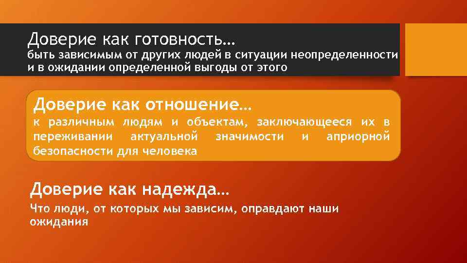 Доверие как готовность… быть зависимым от других людей в ситуации неопределенности и в ожидании