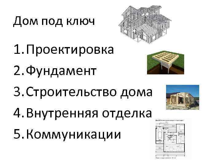 Дом под ключ 1. Проектировка 2. Фундамент 3. Строительство дома 4. Внутренняя отделка 5.