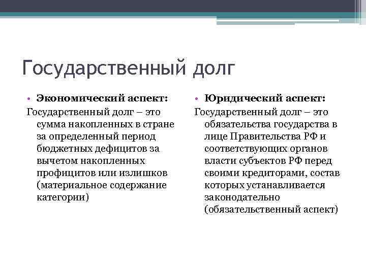 Государственный долг • Экономический аспект: Государственный долг – это сумма накопленных в стране за