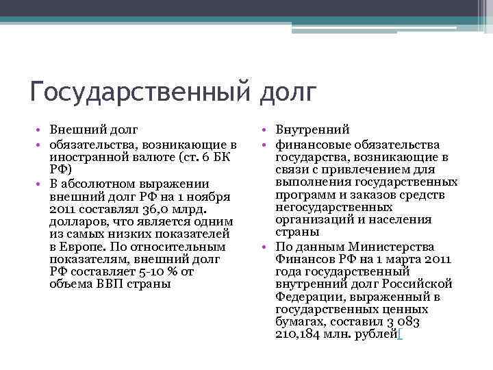 Государственный долг • Внешний долг • обязательства, возникающие в иностранной валюте (ст. 6 БК