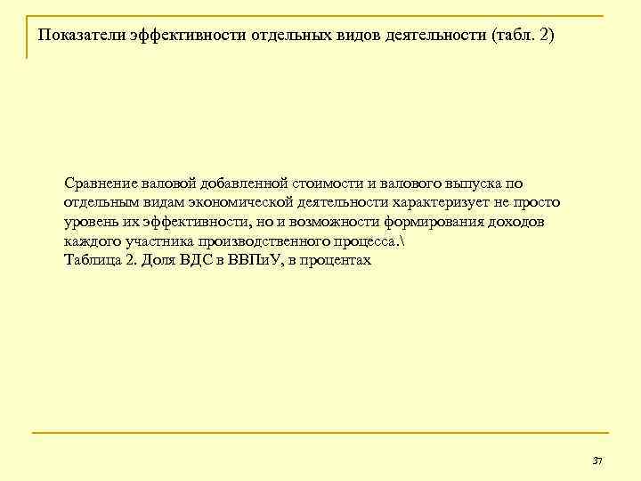 Показатели эффективности отдельных видов деятельности (табл. 2) Сравнение валовой добавленной стоимости и валового выпуска