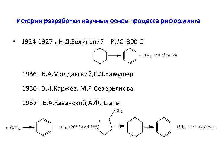 История разработки научных основ процесса риформинга • 1924 -1927 г Н. Д. Зелинский Рt/C