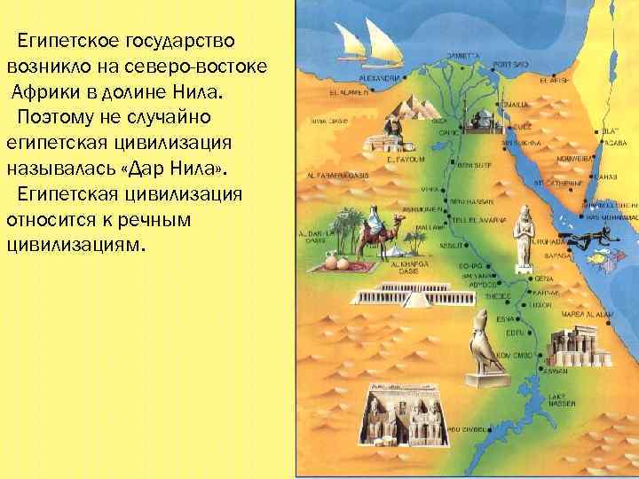 Египетское государство возникло на северо-востоке Африки в долине Нила. Поэтому не случайно египетская цивилизация