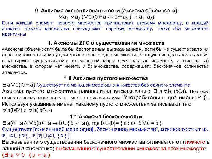 0. Аксиома экстенсиональности (Аксиома объёмности) ∀a 1 ∀a 2 (∀b (b∈a 1↔ b∈a 2