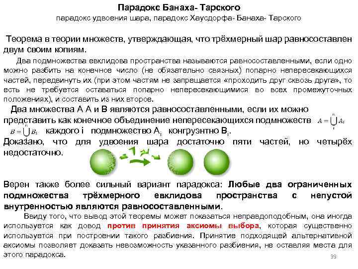 Парадокс Банаха- Тарского парадокс удвоения шара, парадокс Хаусдорфа Банаха Тарского Теорема в теории множеств,