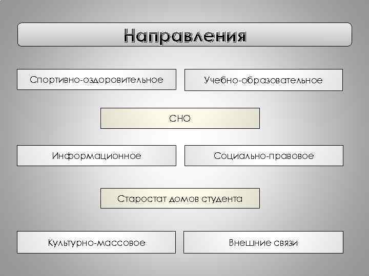 Направления Спортивно-оздоровительное Учебно-образовательное СНО Информационное Социально-правовое Старостат домов студента Культурно-массовое Внешние связи 