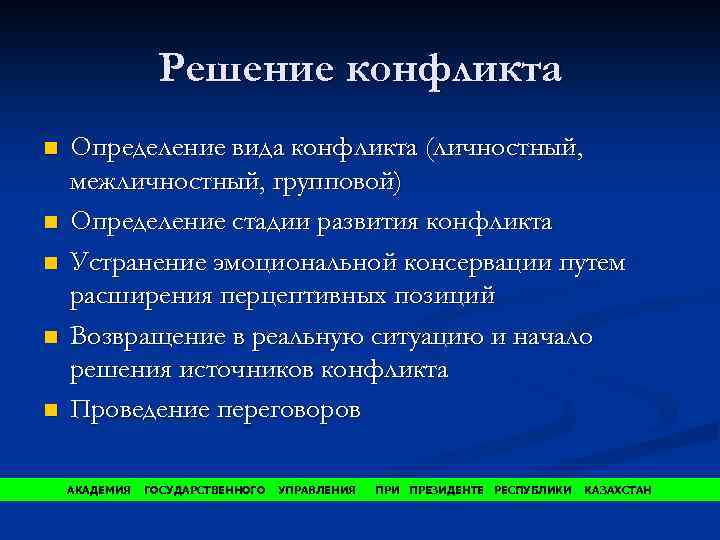 Решение конфликта n n n Определение вида конфликта (личностный, межличностный, групповой) Определение стадии развития