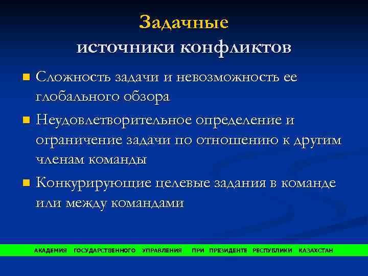 Задачные источники конфликтов Сложность задачи и невозможность ее глобального обзора n Неудовлетворительное определение и