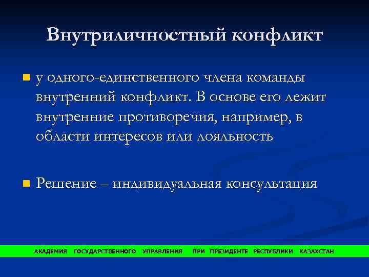 Внутриличностный конфликт n у одного-единственного члена команды внутренний конфликт. В основе его лежит внутренние