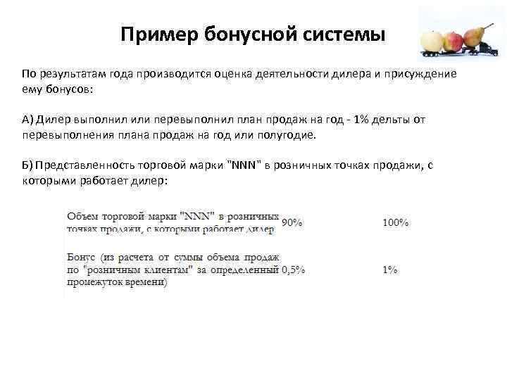 Пример бонусной системы По результатам года производится оценка деятельности дилера и присуждение ему бонусов:
