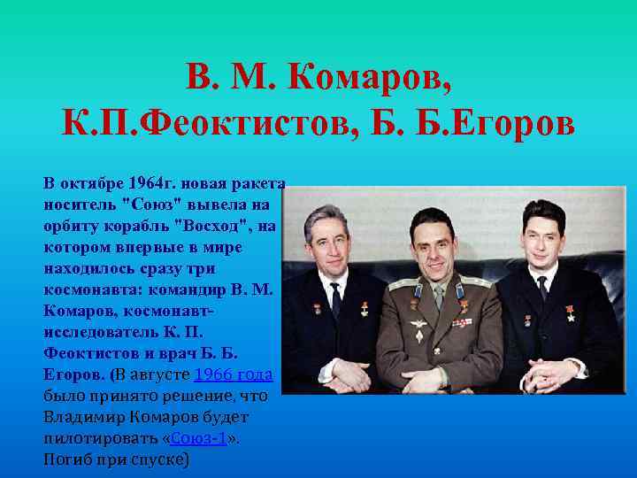 В. М. Комаров, К. П. Феоктистов, Б. Б. Егоров В октябре 1964 г. новая