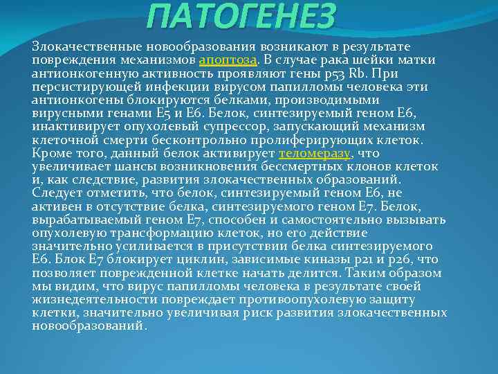 ПАТОГЕНЕЗ Злокачественные новообразования возникают в результате повреждения механизмов апоптоза. В случае рака шейки матки