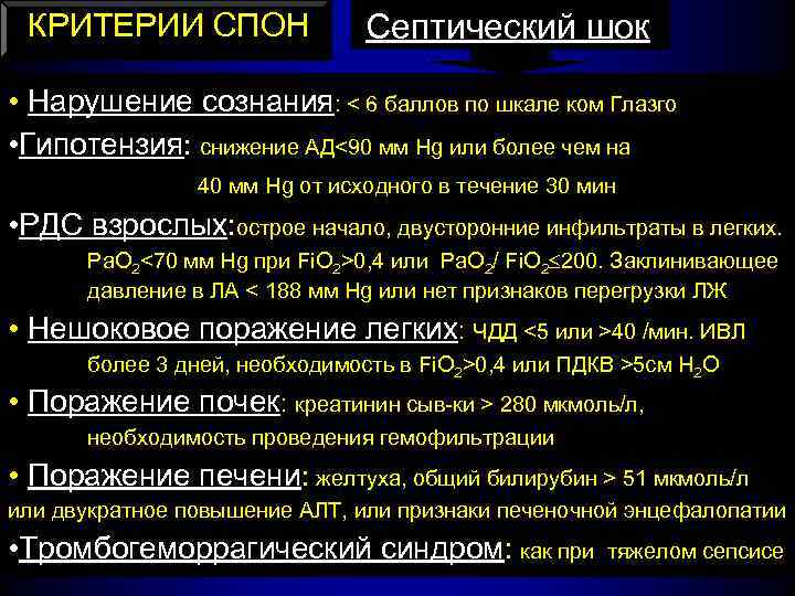 КРИТЕРИИ СПОН Септический шок • Нарушение сознания: < 6 баллов по шкале ком Глазго