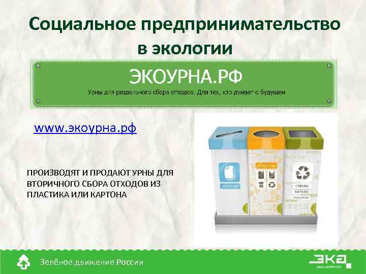 Социальное предпринимательство в экологии www. экоурна. рф ПРОИЗВОДЯТ И ПРОДАЮТ УРНЫ ДЛЯ ВТОРИЧНОГО СБОРА