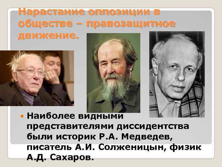 Нарастание оппозиции в обществе – правозащитное движение. Наиболее видными представителями диссидентства были историк Р.