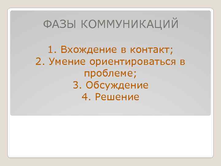 ФАЗЫ КОММУНИКАЦИЙ 1. Вхождение в контакт; 2. Умение ориентироваться в проблеме; 3. Обсуждение 4.