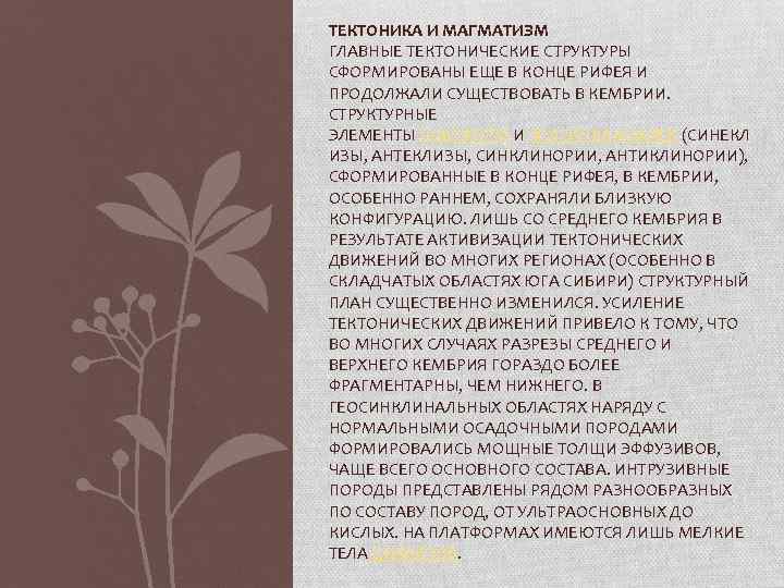 ТЕКТОНИКА И МАГМАТИЗМ ГЛАВНЫЕ ТЕКТОНИЧЕСКИЕ СТРУКТУРЫ СФОРМИРОВАНЫ ЕЩЕ В КОНЦЕ РИФЕЯ И ПРОДОЛЖАЛИ СУЩЕСТВОВАТЬ