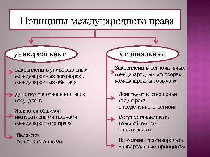 Принципы международного права универсальные Закреплены в универсальных международных договорах , международных обычаях Действует в