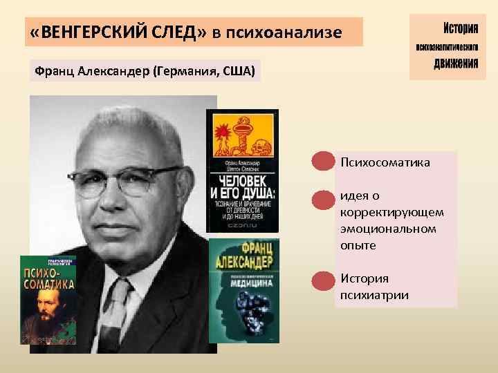  «ВЕНГЕРСКИЙ СЛЕД» в психоанализе Франц Александер (Германия, США) Психосоматика идея о корректирующем эмоциональном