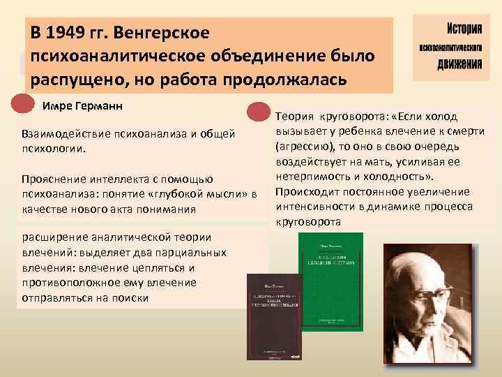 В 1949 гг. Венгерское психоаналитическое объединение было «Новые надежды» распущено, но работа продолжалась Имре