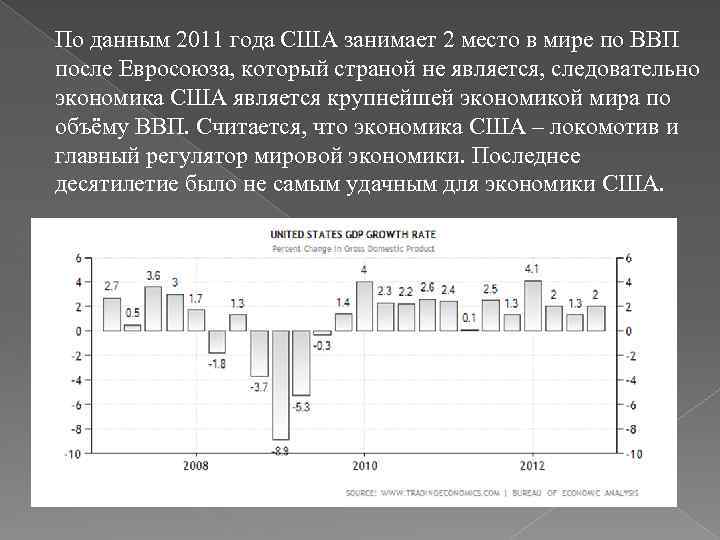 По данным 2011 года США занимает 2 место в мире по ВВП после Евросоюза,