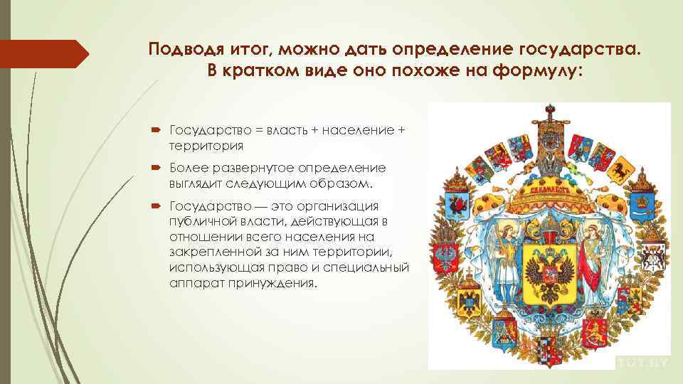 Подводя итог, можно дать определение государства. В кратком виде оно похоже на формулу: Государство