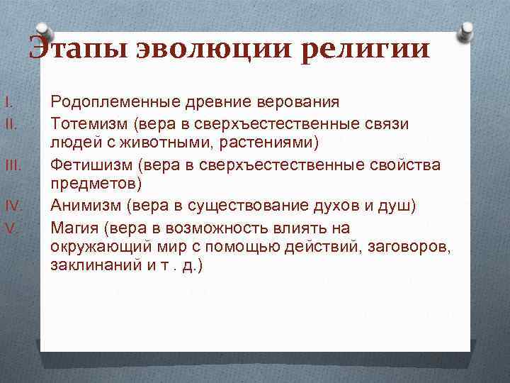 Этапы эволюции религии I. III. IV. V. Родоплеменные древние верования Тотемизм (вера в сверхъестественные